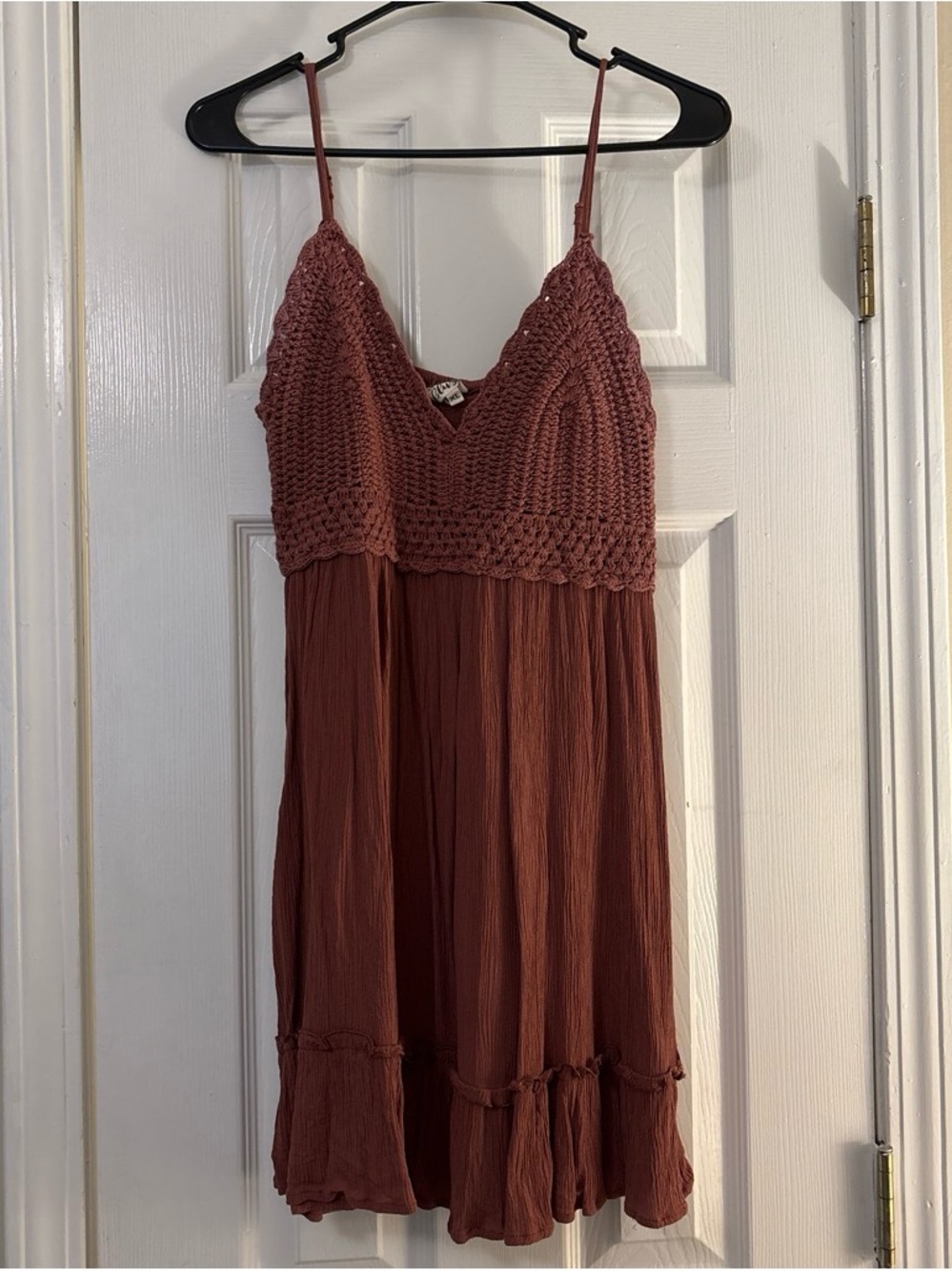 Blush Crocheted Bodice Spaghetti Strap Mini Dress - Rusty Rose